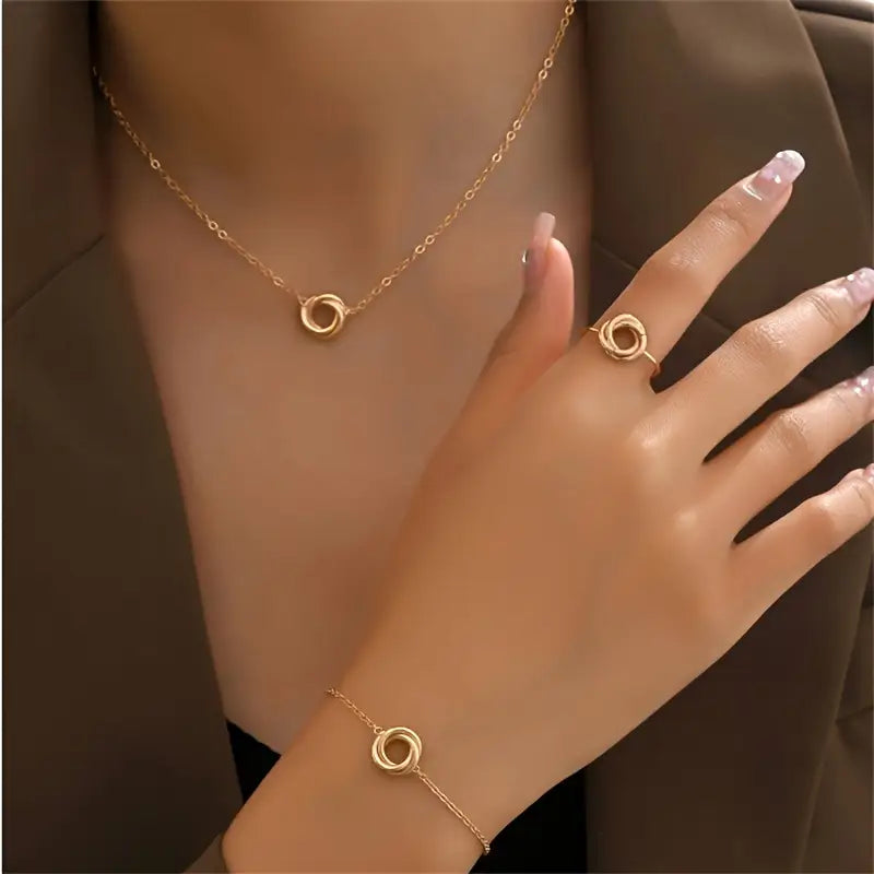 Elegant Gold-Tone Jewelry Set – Twisted Circle Ring, Necklace & Bracelet